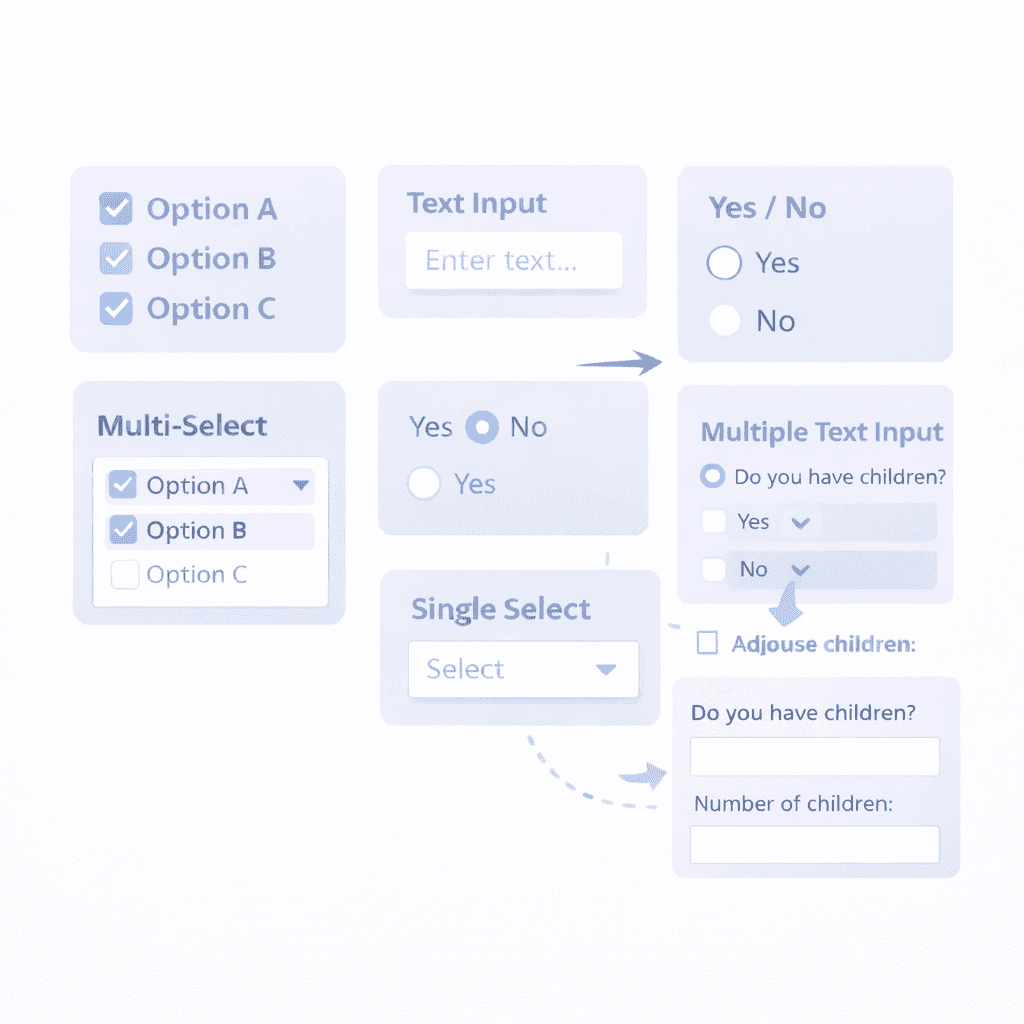 Multiple form field types including checkboxes, dropdowns, and text inputs