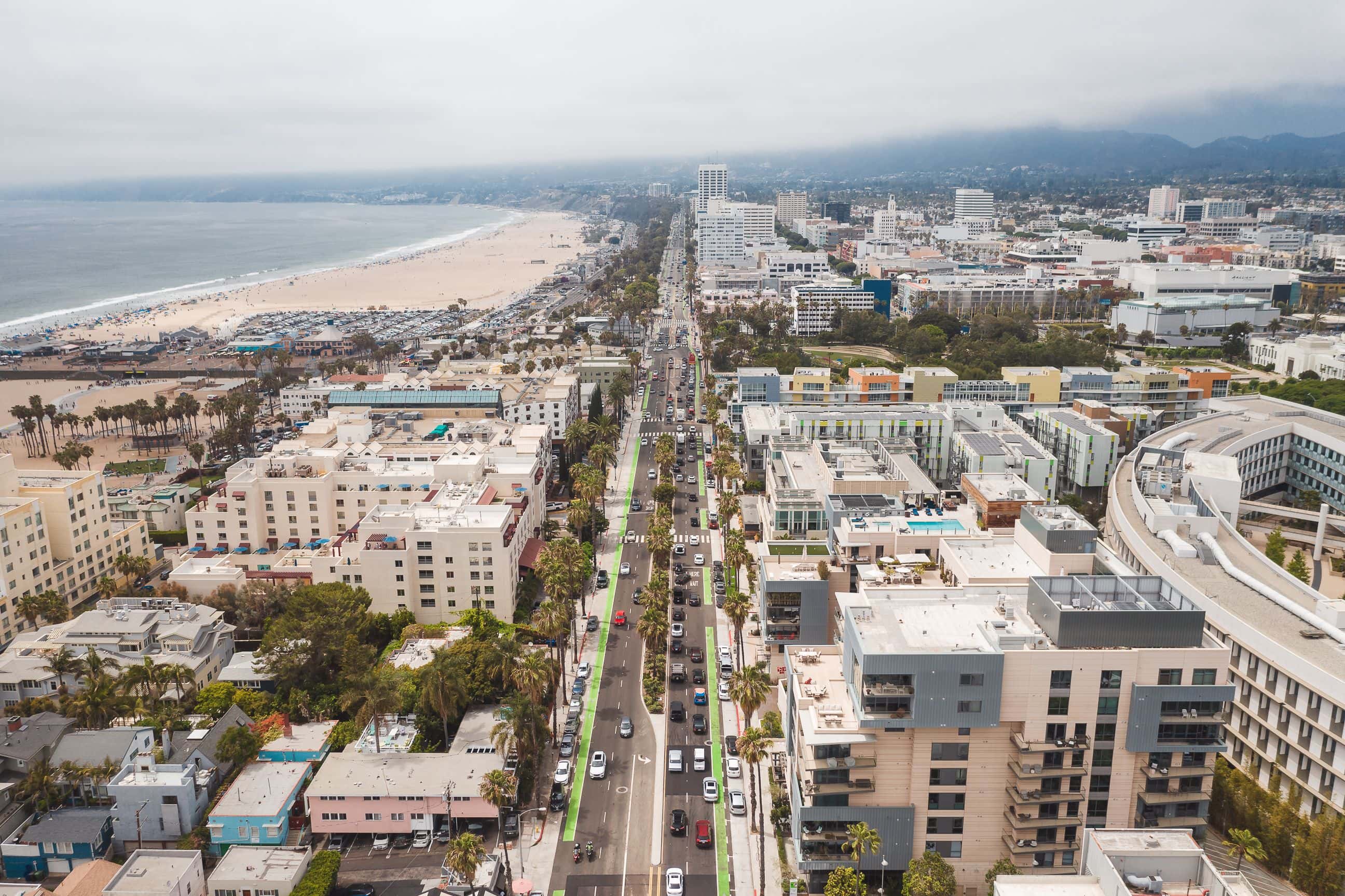 Aerial view of Santa Monica's urban landscape, beach, and coastline