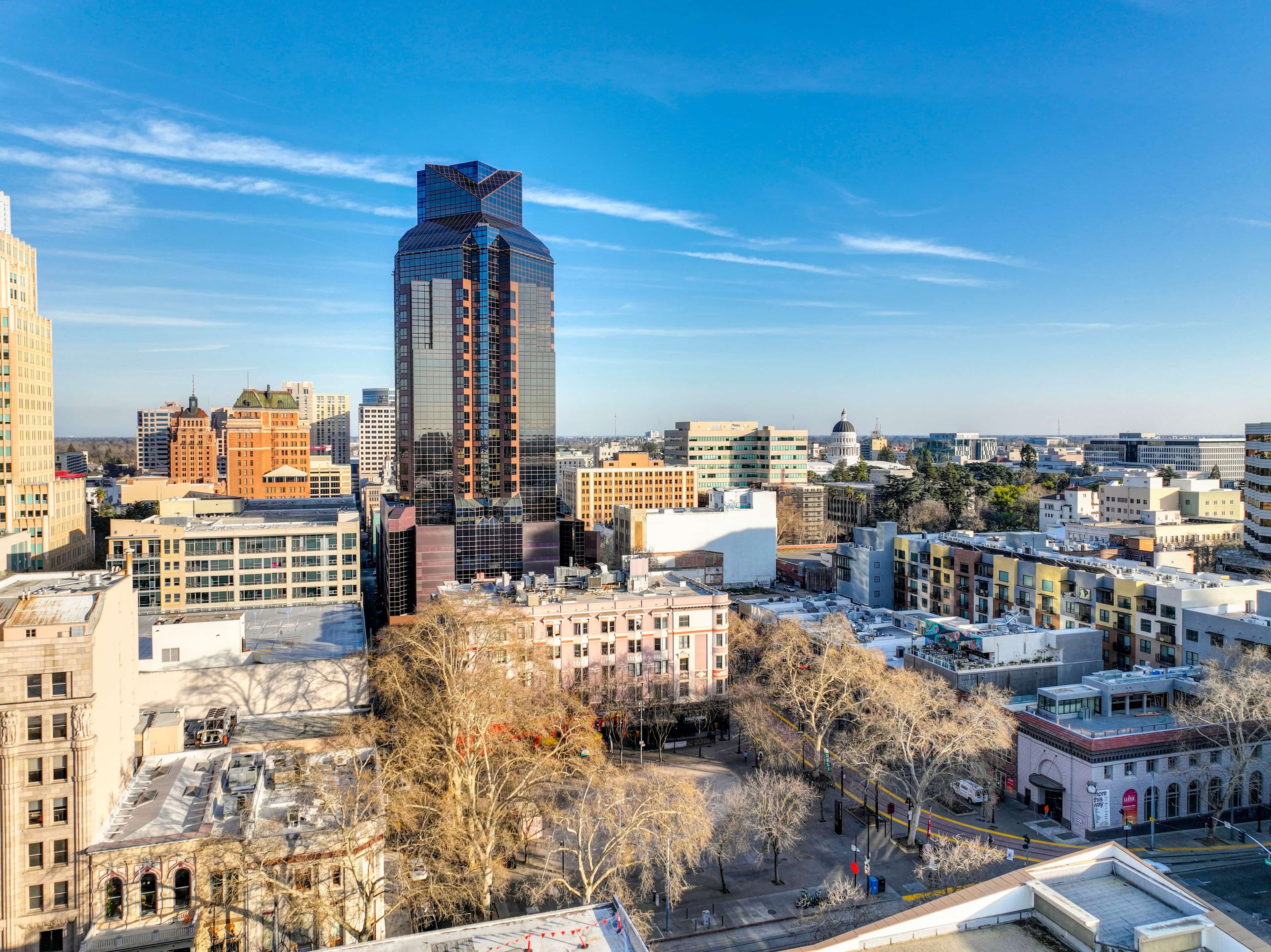 Aerial view of Sacramento urban skyline with modern architecture