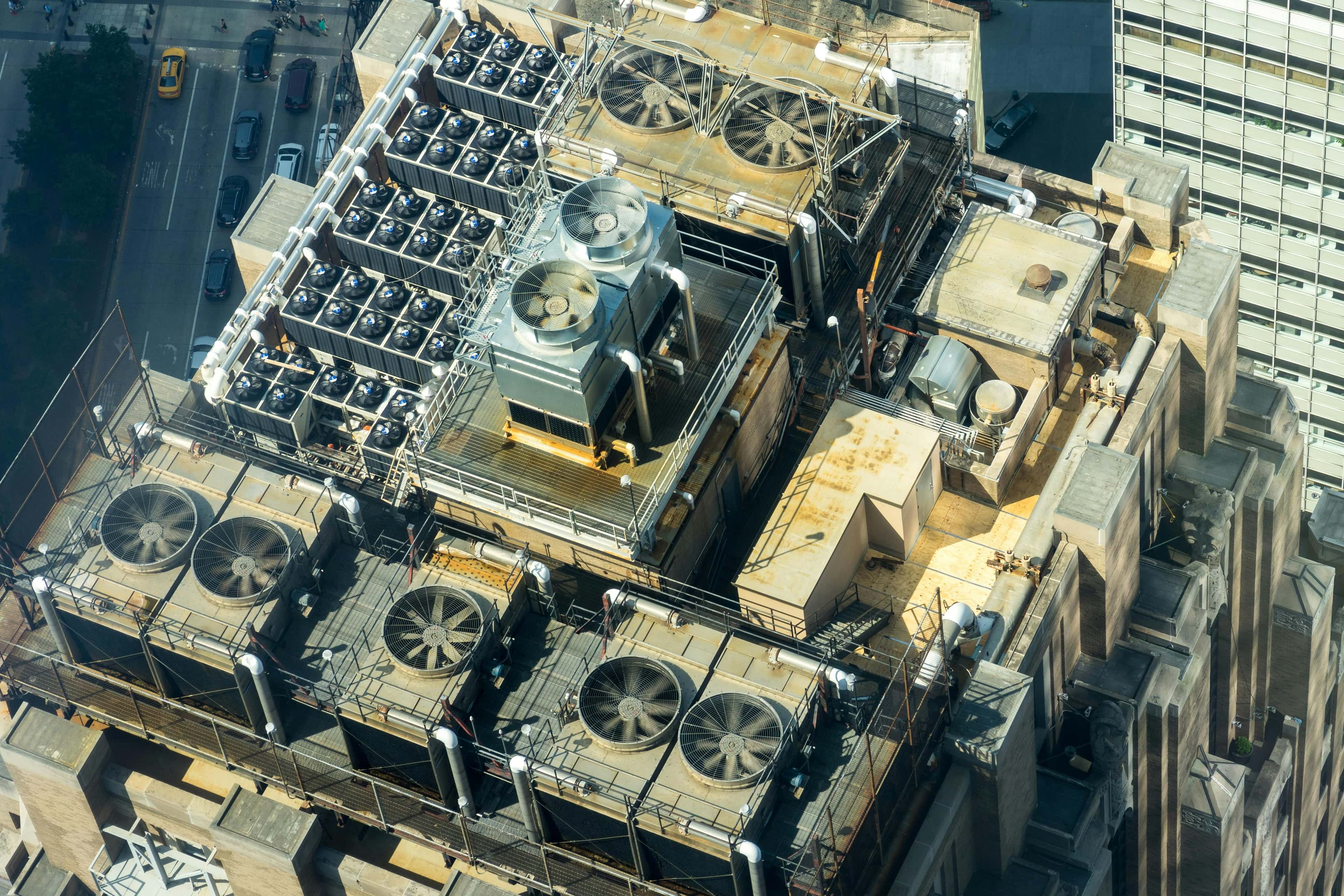 Aerial view of rooftop HVAC equipment