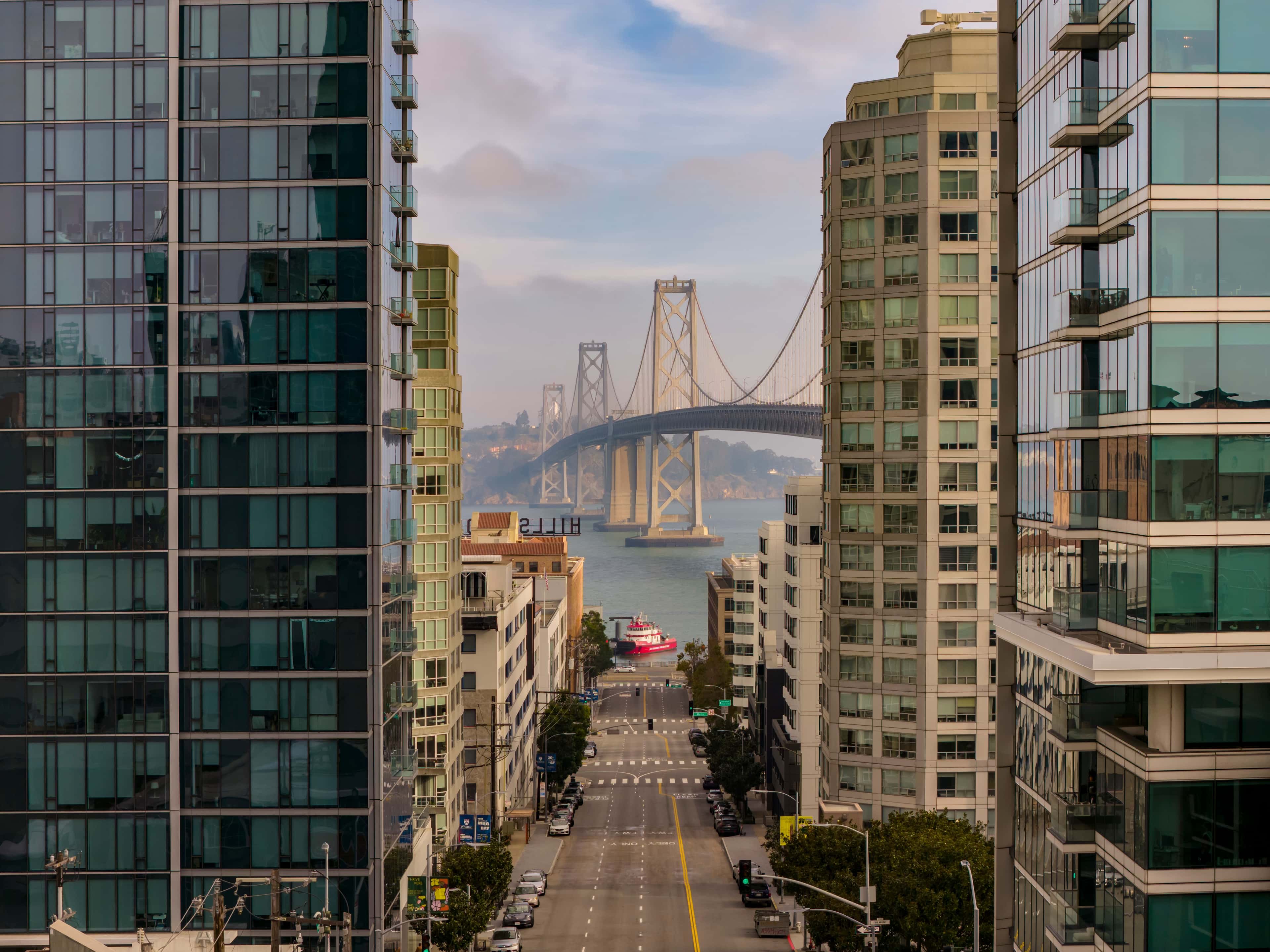 San Francisco street view toward the Bay Bridge