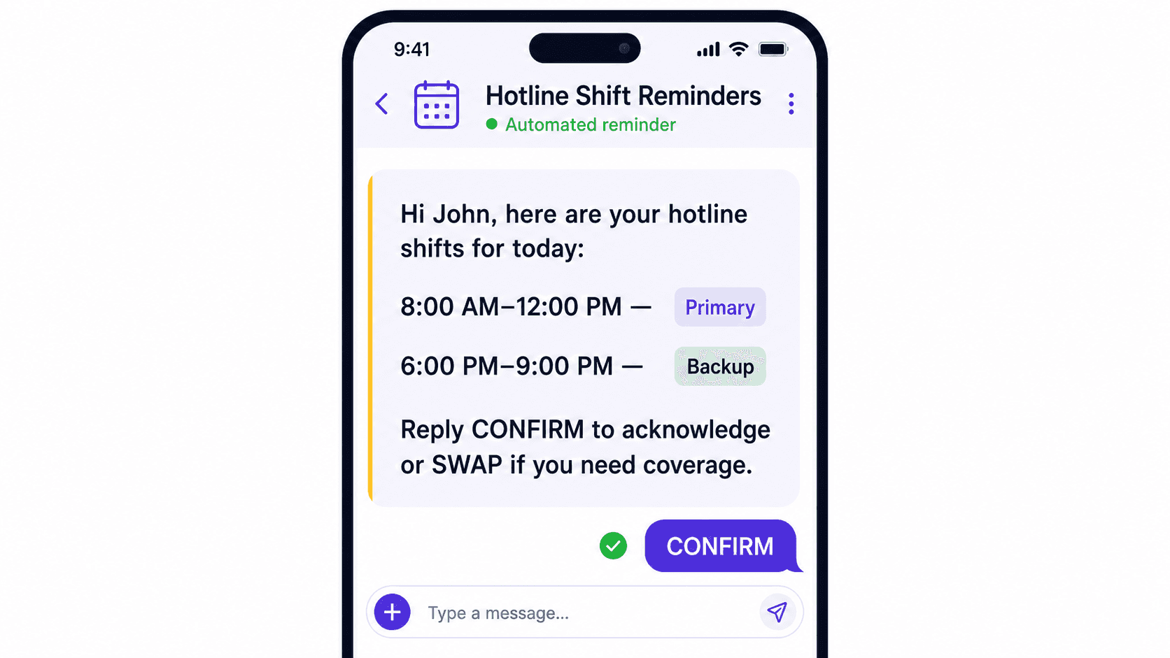 A live on-call schedule sends a reminder to the assigned responder.