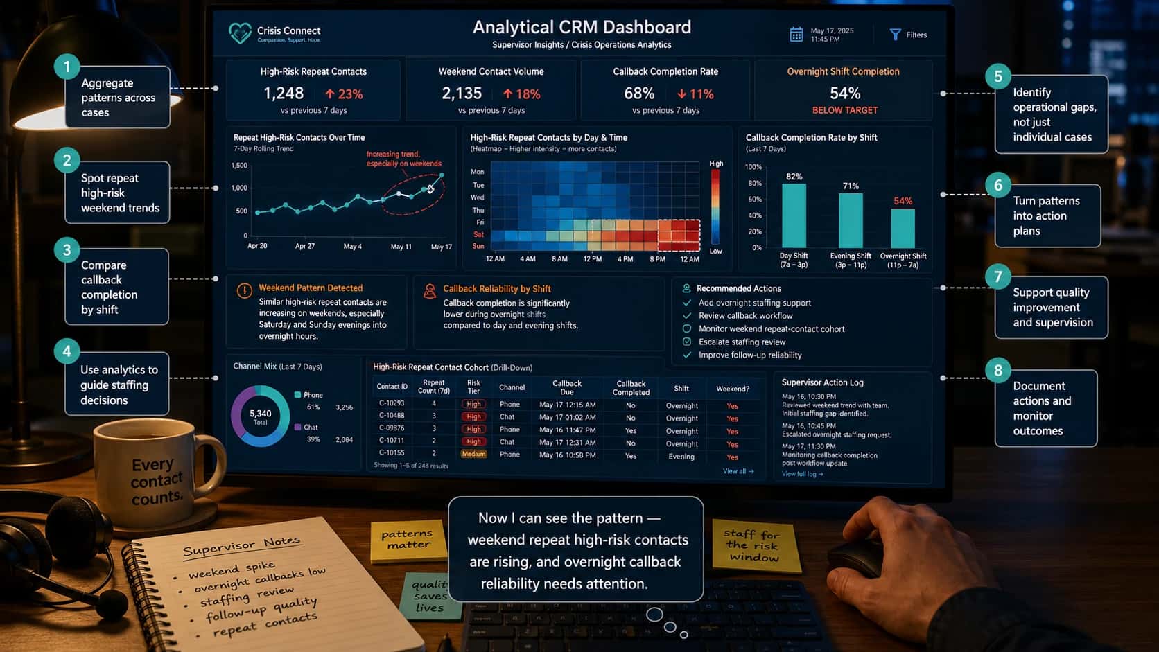 First-person view of a crisis-support supervisor reviewing an analytical CRM dashboard at night. A large monitor shows supervisor analytics for crisis operations, including high-risk repeat contacts, weekend contact volume, callback completion rate, overnight shift completion, a line chart of repeat high-risk contacts over time, a weekend day-and-time heatmap, a callback completion bar chart by shift, recommended actions, channel mix, a repeat-contact cohort table, and a supervisor action log. Floating callouts explain how the dashboard aggregates patterns across cases, identifies weekend high-risk trends, compares callback reliability by shift, supports staffing decisions, highlights operational gaps, turns patterns into action plans, supports quality improvement, and documents outcomes.