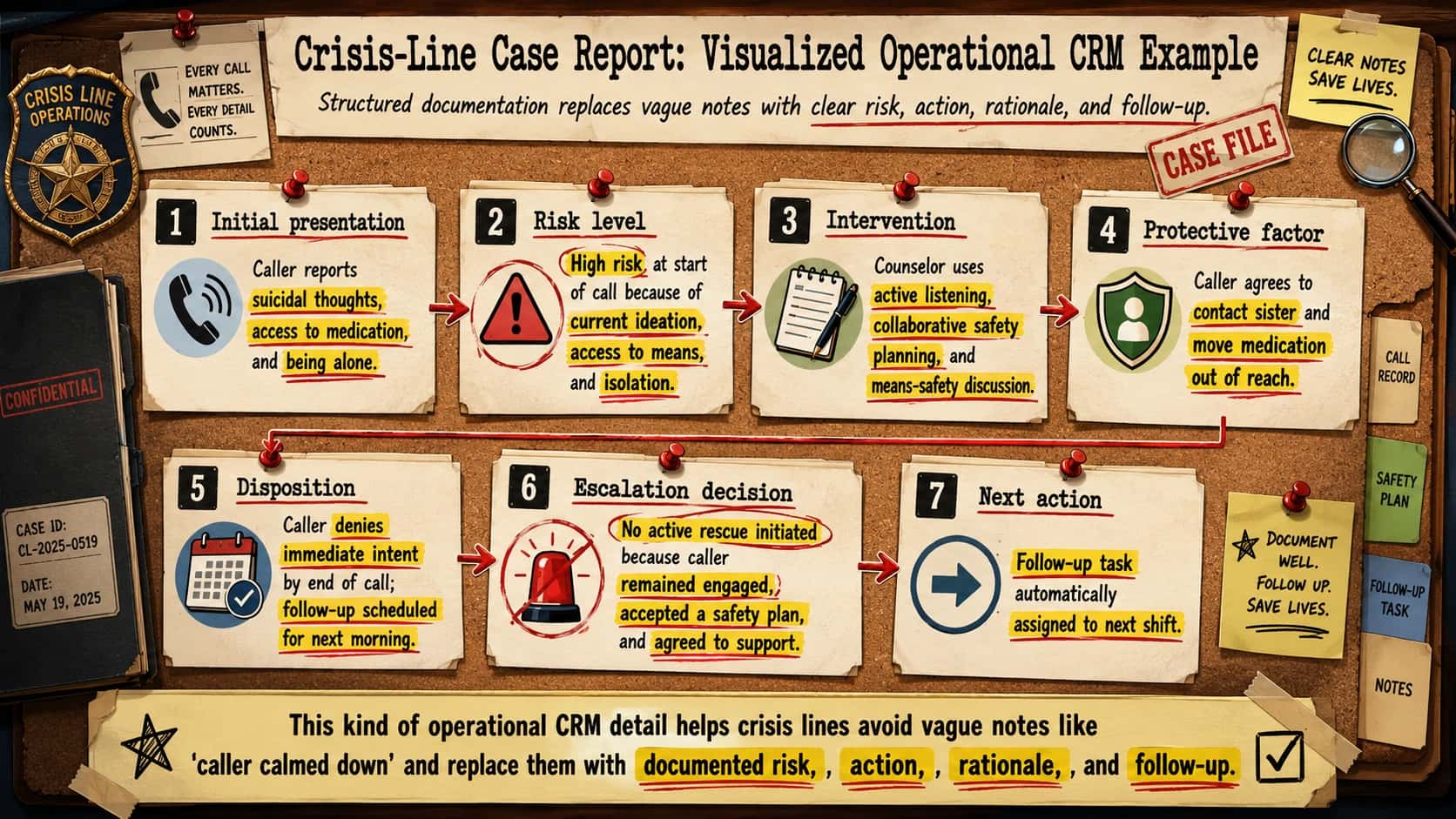 Landscape infographic designed like a cartoon detective case board titled “Crisis-Line Case Report: Visualized Operational CRM Example.” The subtitle says, “Structured documentation replaces vague notes with clear risk, action, rationale, and follow-up.” The visual uses a corkboard background with pinned case-file papers, red pushpins, red arrows, yellow highlighter marks, red underlines, evidence-style labels, file tabs, a magnifying glass, a “CASE FILE” stamp, and a “Crisis Line Operations” badge. A small pinned note says, “Every call matters. Every detail counts,” and a sticky note says, “Clear notes save lives.” The main board presents seven numbered operational CRM documentation sections connected by arrows. Section 1, “Initial presentation,” shows a phone icon and states that the caller reports suicidal thoughts, access to medication, and being alone, with those risk details highlighted. Section 2, “Risk level,” shows a warning-triangle icon and identifies the case as high risk at the start of the call because of current ideation, access to means, and isolation, with each risk factor highlighted. Section 3, “Intervention,” shows a notepad icon and explains that the counselor uses active listening, collaborative safety planning, and means-safety discussion, with each intervention highlighted. Section 4, “Protective factor,” shows a shield icon and notes that the caller agrees to contact their sister and move medication out of reach, with both protective actions highlighted. Section 5, “Disposition,” shows a calendar and checkmark icon and states that the caller denies immediate intent by the end of the call and that follow-up is scheduled for the next morning. Section 6, “Escalation decision,” shows a crossed-out emergency siren icon and explains that no active rescue is initiated because the caller remains engaged, accepts a safety plan, and agrees to support. Section 7, “Next action,” shows a forward-arrow icon and states that a follow-up task is automatically assigned to the next shift. The right side includes file tabs labeled Call Record, Safety Plan, Follow-Up Task, and Notes. A final takeaway strip at the bottom says that this kind of operational CRM detail helps crisis lines avoid vague notes like “caller calmed down” and replace them with documented risk, action, rationale, and follow-up, with the words “documented risk,” “action,” “rationale,” and “follow-up” highlighted.