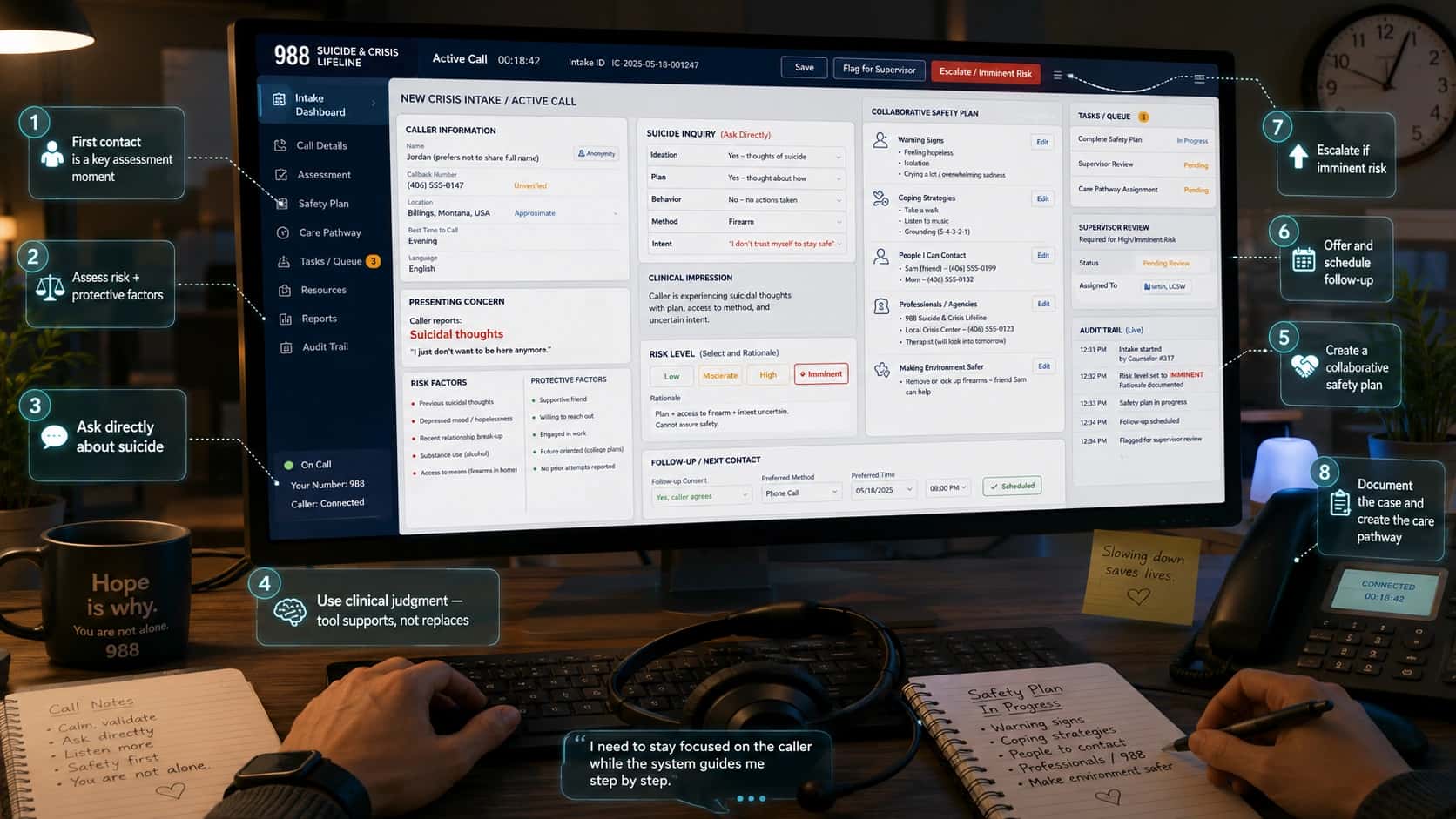 First-person view of a crisis hotline counselor’s desk during an active 988 phone call, with hands near a keyboard, headset, notes, and a large monitor showing an operational CRM intake form. The CRM displays caller information, presenting concern, suicide inquiry, risk factors, protective factors, risk level selection, collaborative safety plan, follow-up scheduling, supervisor review, task queue, and audit trail. Floating callouts explain key steps such as first contact assessment, asking directly about suicide, creating a safety plan, scheduling follow-up, escalating imminent risk, and documenting the care pathway.