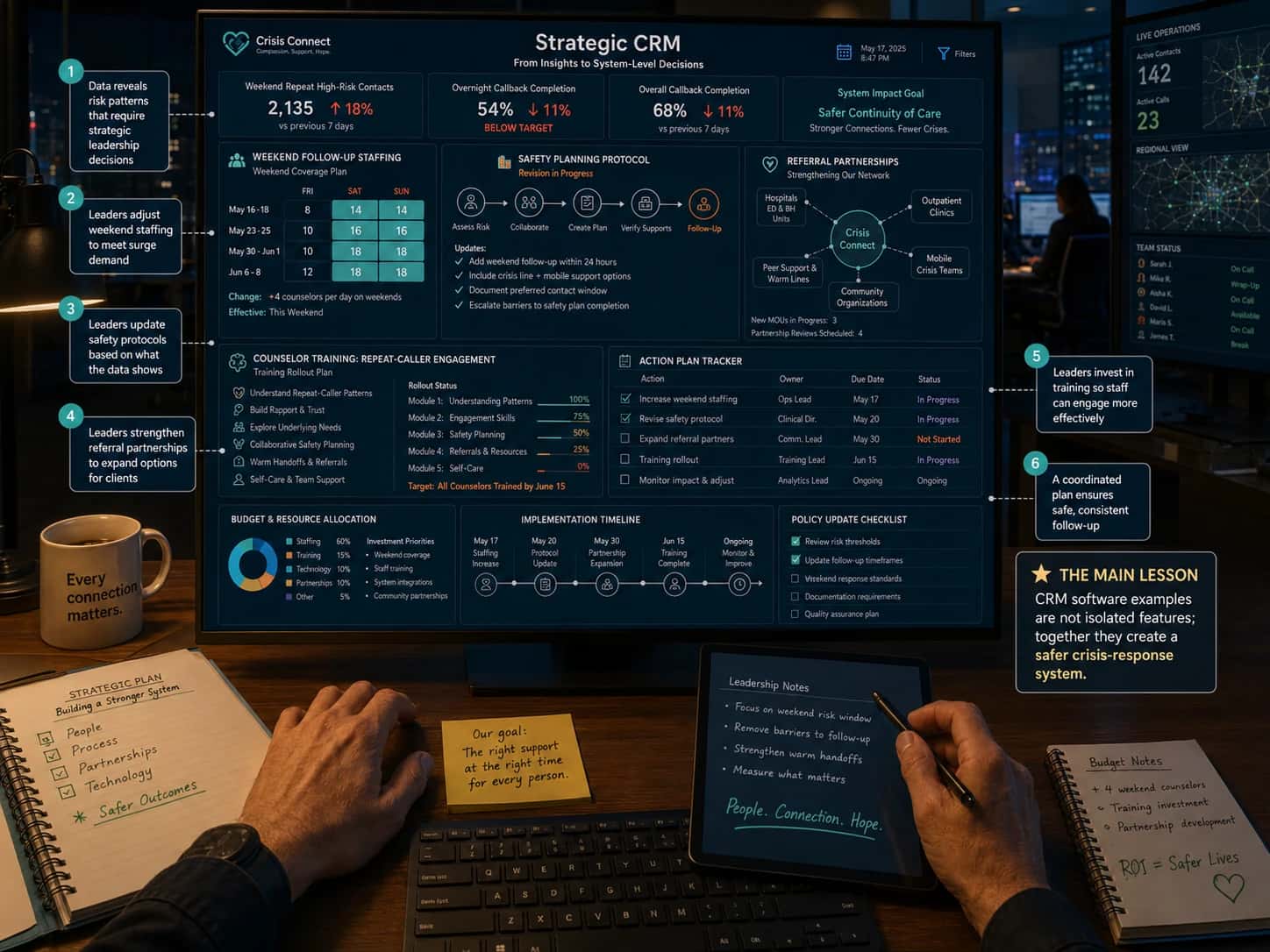 First-person view of a crisis-response leadership workstation showing a Strategic CRM dashboard on a large monitor. The screen displays system-level decision panels for weekend follow-up staffing, safety-planning protocol revisions, referral partnerships, counselor training for repeat-caller engagement, budget and resource allocation, an implementation timeline, policy update checklist, and action plan tracker. KPI cards show increased weekend repeat high-risk contacts, low overnight callback completion, and an overall system impact goal of safer continuity of care. Floating callouts explain how leadership uses CRM insights to adjust staffing, update safety protocols, strengthen referral partnerships, invest in counselor training, coordinate follow-up, and turn isolated CRM features into a safer crisis-response system.