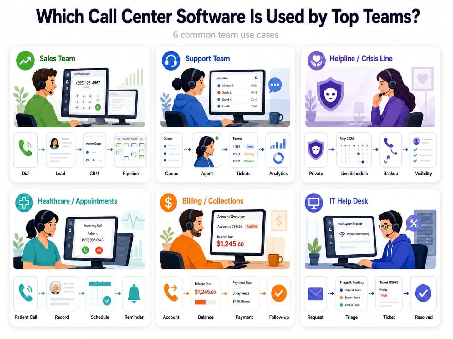 Visual diagram titled “Which Call Center Software Is Used by Top Teams?” showing six team use cases, sales, support, helpline/crisis line, healthcare appointments, billing/collections, and IT help desk, with each card illustrating how that team uses call center software for workflows like dialing, routing, CRM, scheduling, tickets, callbacks, payments, and reporting.