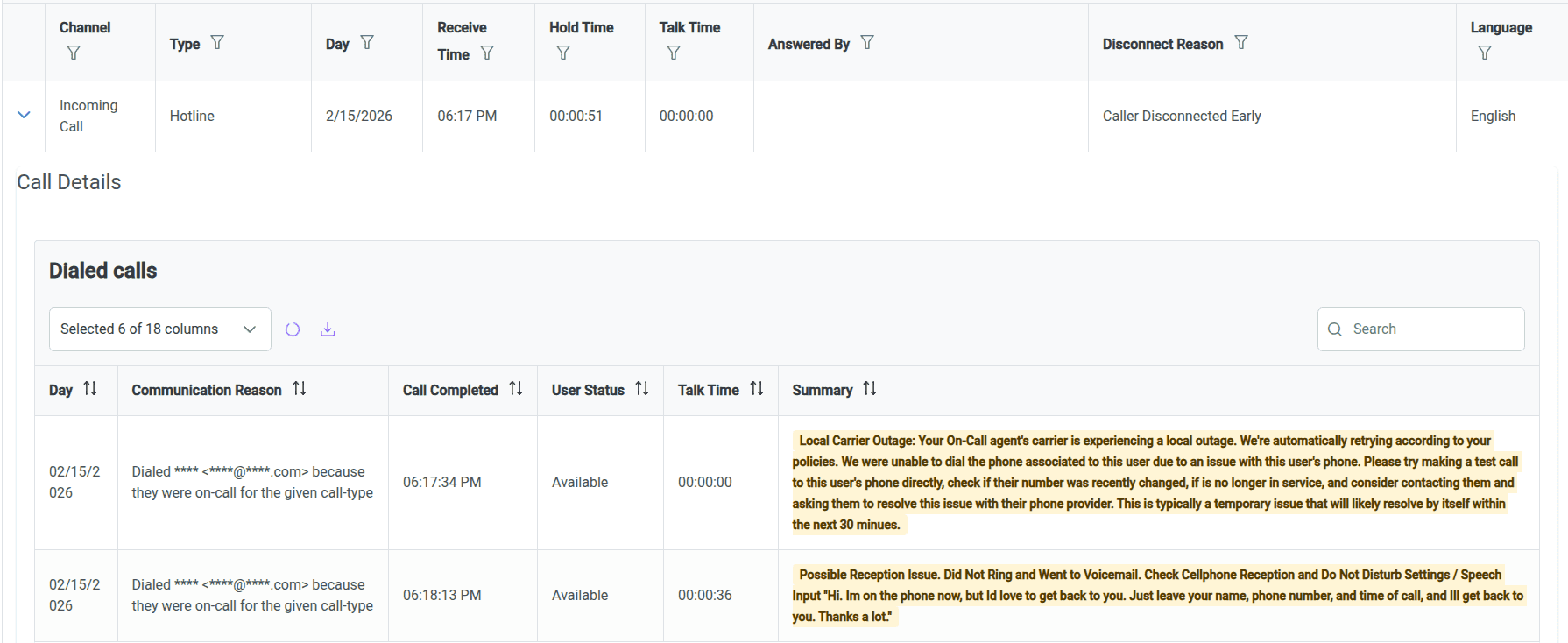 Automatic rollover during a local carrier outage, showing retry and follow-up notes