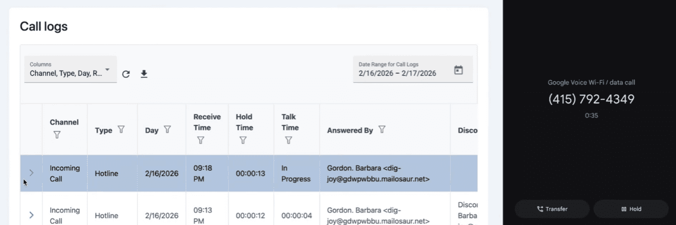 Call log showing a live incoming hotline call being routed.