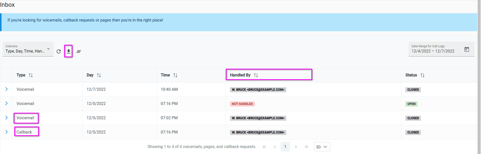 Inbox view showing callback requests and message status.