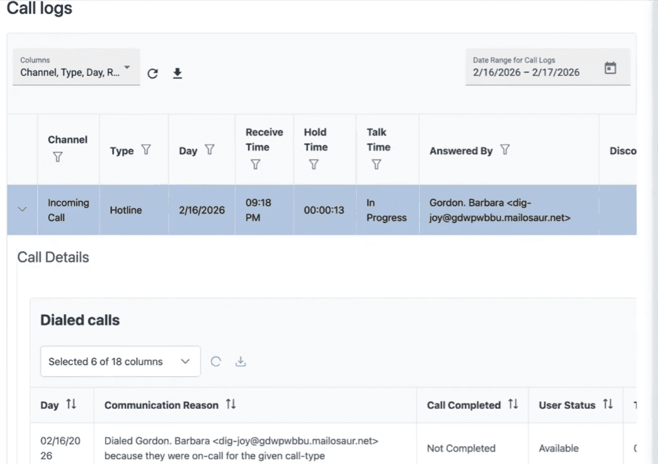 Live call log and escalation detail view.