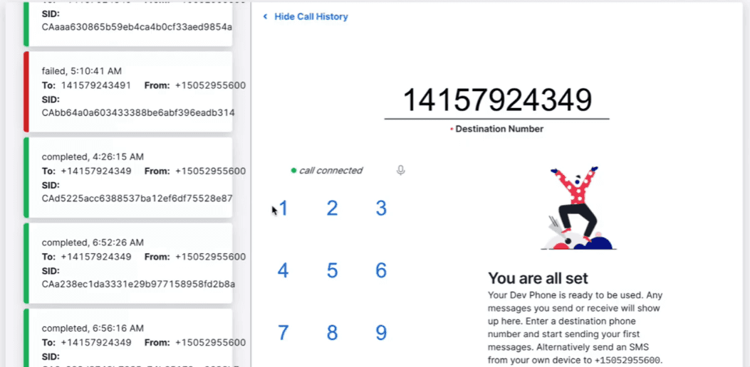 Phone interface showing recent answered and failed calls.