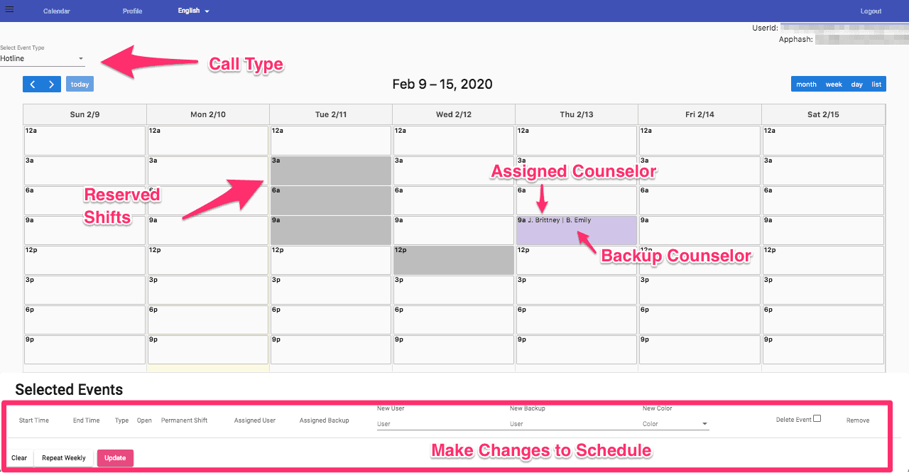 Schedule management screen showing call type, assigned counselor, and backup coverage.