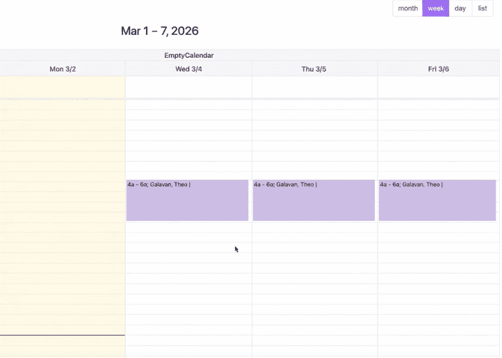 On-call schedule calendar showing several shifts assigned across the week