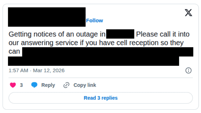 Post showing outage notice and asking people to call the answering service as backup